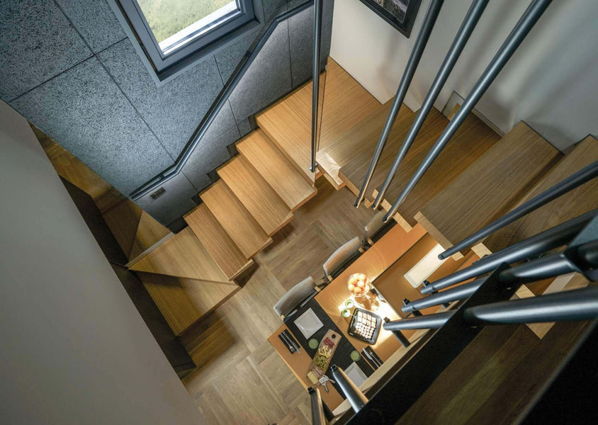 Top down view of modern hardwood stairs.
