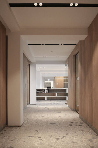 Large halls in a big office building with wood paneling on the side.