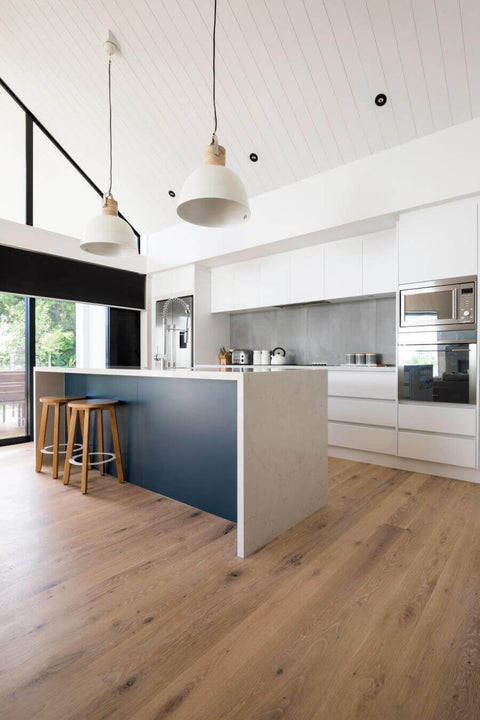 Modern and bright kitchen with american oak hardwood flooring.