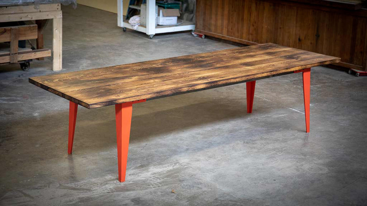 Charred dining table finished using Rubio Monocoat Oil Plus 2C "Pure".