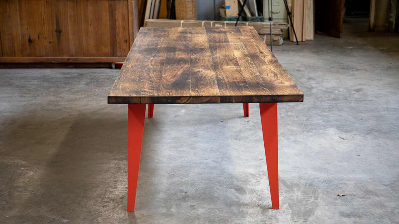 White oak table that has been charred and finished using Rubio Monocoat Oil Plus 2C Pure hardwax oil wood stain and finish.