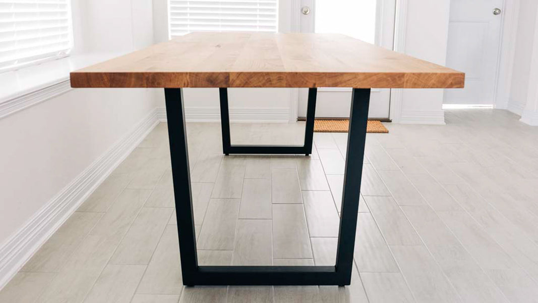 Edge detail of a modern white oak dining table finished with Rubio Monocoat Oil Plus 2C hardwax oil wood finish. 