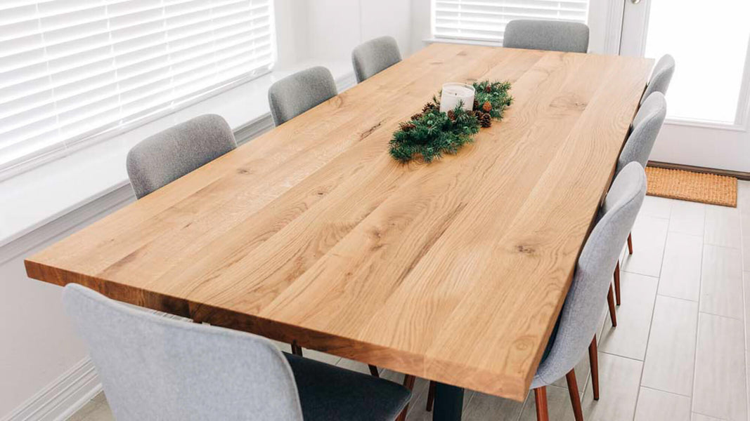 White oak dining table finished with Rubio Monocoat Oil Plus 2C "Pure" hardwax oil wood stain and finish.