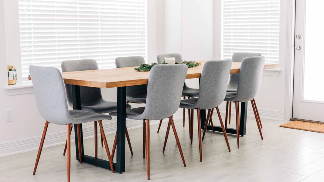 A white oak table protected with Rubio Monocoat Oil Plus 2C "Pure" hardwax oil wood stain and finish in one.