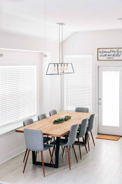 A white oak table finished using Rubio Monocoat Oil Plus 2C "Pure" hardwax oil wood stain and finish in one. 