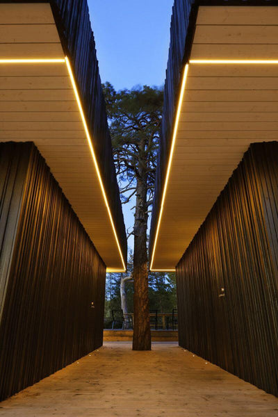 Courtyard features wooden walls finished with Rubio Monocoat.