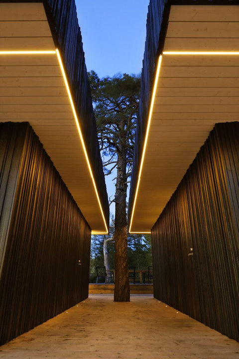 Courtyard features wooden walls finished with Rubio Monocoat.