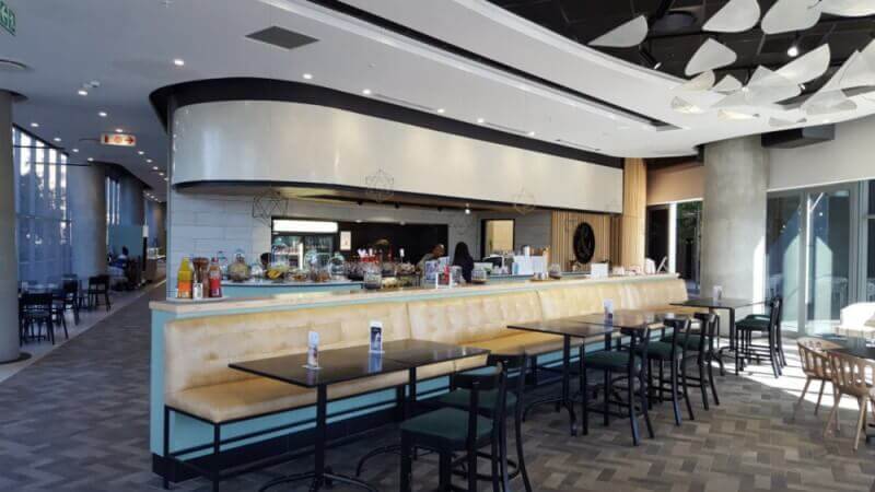 Company food area with wood.
