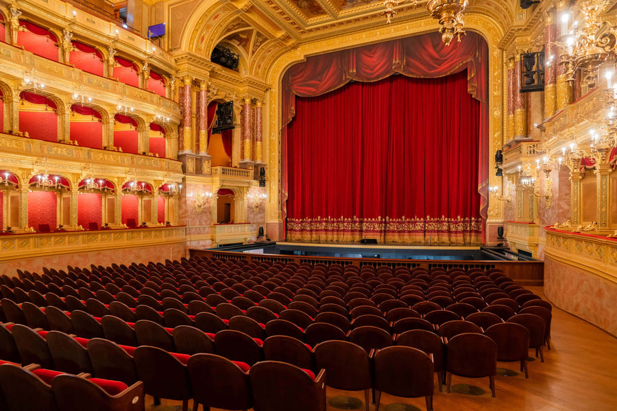 Peering onto the stage from the back right of the auditorium of the Hungarian Opera House.
