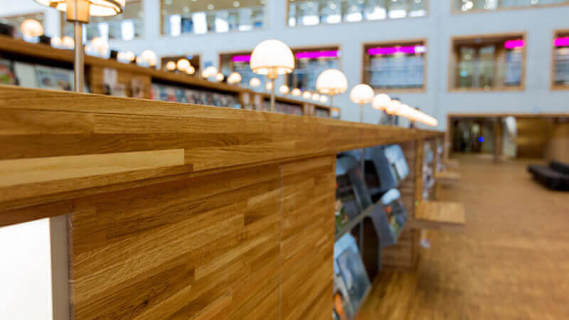 Details of a library wooden desk finished with Rubio Monocoat.