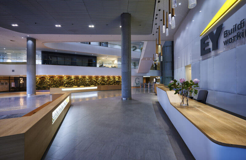 Office building features wood finished with Rubio Monocoat.