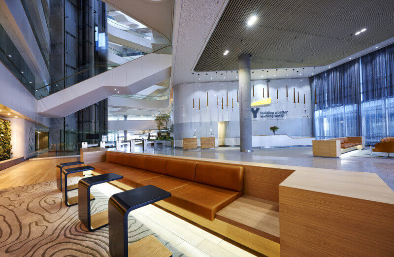 Modern office building designed with wood features finished with Rubio Monocoat.