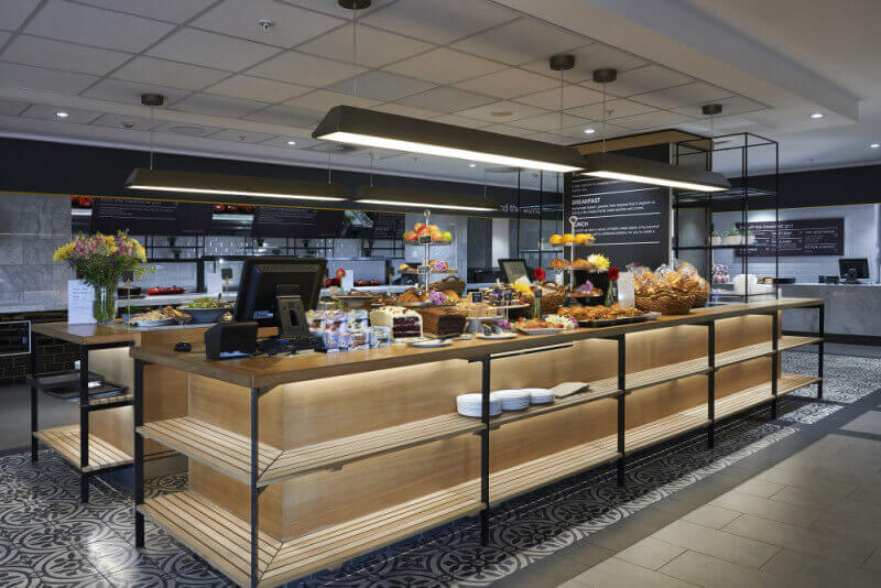 Cafeteria with wood desk finished with Rubio Monocoat.