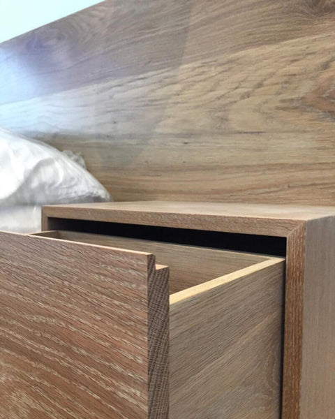 Details of a wooden bed frame finished with Rubio Monocoat Oil Plus 2C.