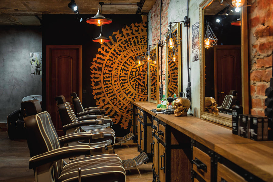 A industrial styled barbershop interior.