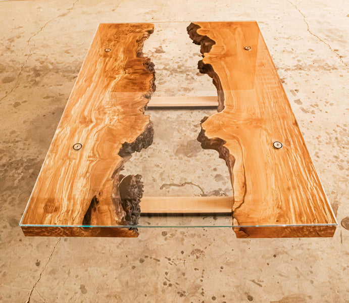 Top view of the burled maple table with a live edge opening in the middle finished with Rubio Monocoat Oil Plus 2C Pure.