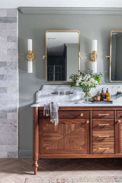 Complete black walnut bathroom vanity with brass hardware designed and built by Jen Woodhouse.