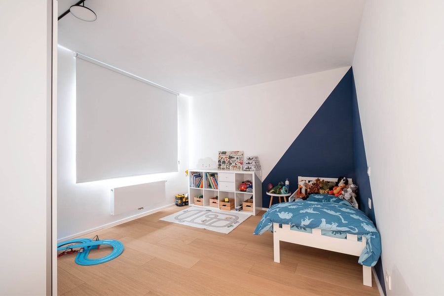 Little boys bedroom with white oak hardwood flooring, finished with a non-toxic wood finish.
