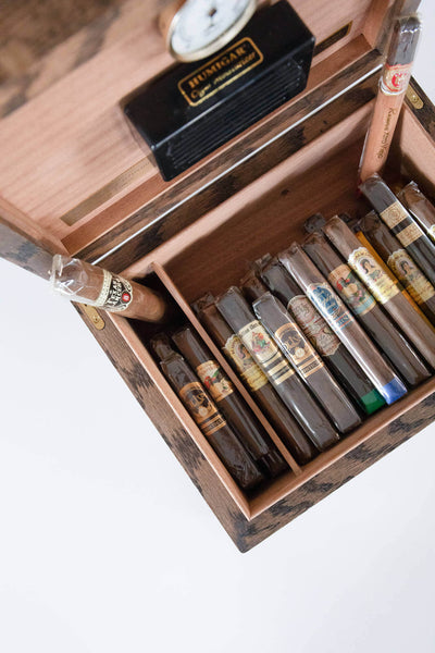 Looking down view of the handmade cigar humidor crafted for a retirement gift and finished with a natural wood finish.