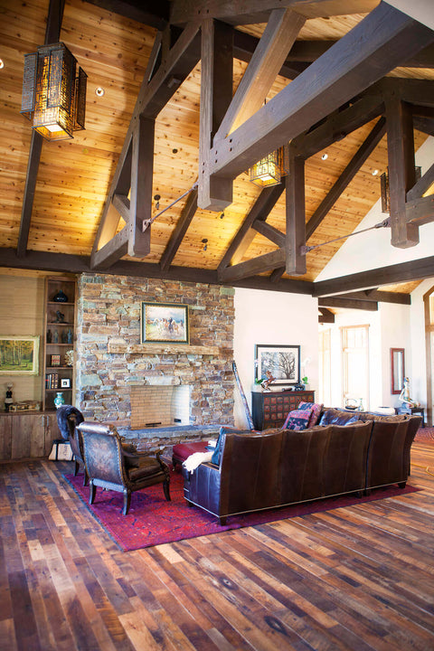 Tall gable ceiling living room with hardwax oil wood finished flooring.