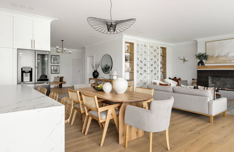 Dining room in an open concept floorplan. The white oak dining table was finished with Oil Plus 2C White 5%.