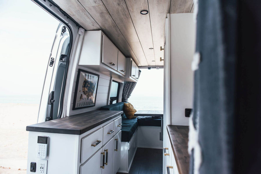 Beautiful travel van with wooden counter tops finished with Rubio Monocoat.