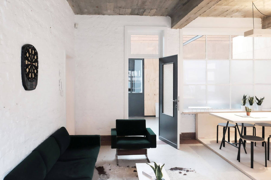 Office with contrasting light and dark colors for design.