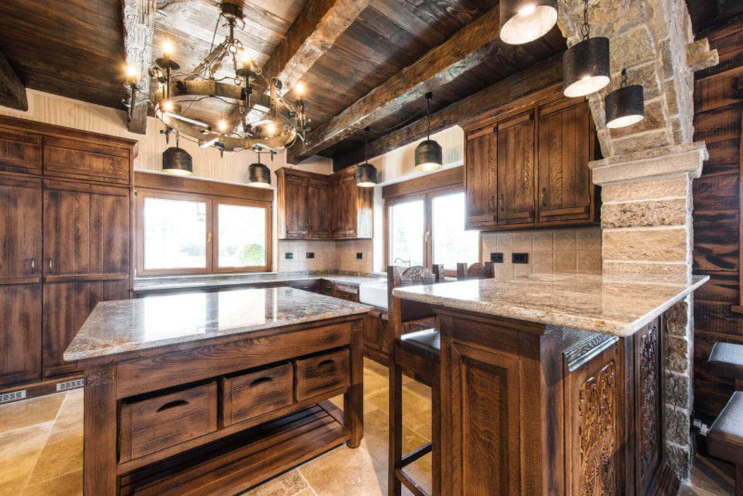 Kitchen features wooden cabinets finished with Rubio Monocoat.