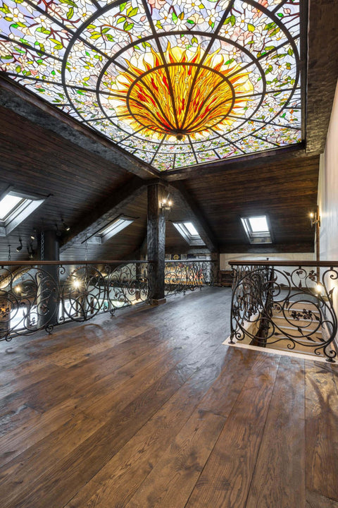 Intricate details in Serbian house feature wood flooring finished with Rubio Monocoat.