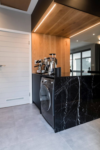 Natural finished wood planks at a coffee bar.
