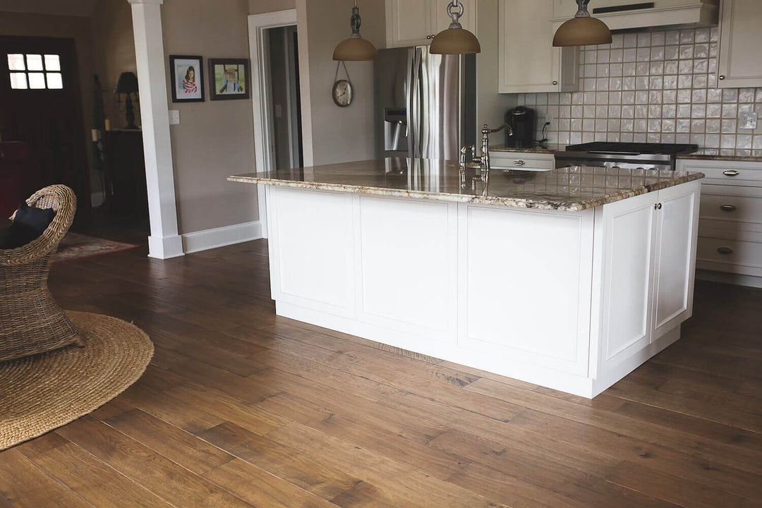 Kitchen features white oak floor finished with Rubio Monocoat.