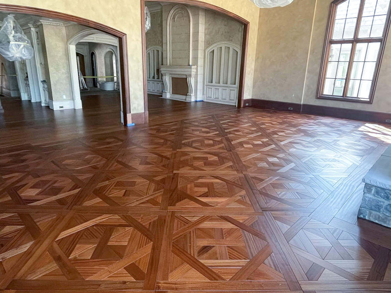 An overview of Sapele Bordeaux parquet flooring finishing with Rubio Monocoat hardwax oil.