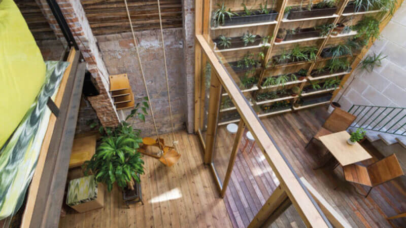 View from the top of a restaurant in Barcelona, Spain that features wood finished with Rubio Monocoat.