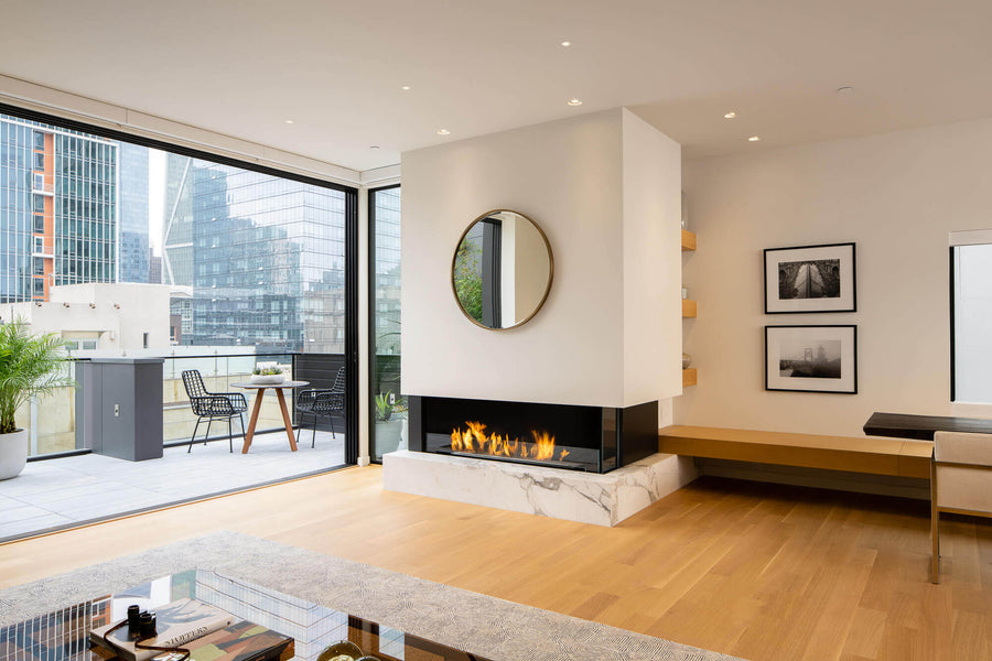 Family room with rift sawn white oak flooring, finished with a natural wood finishing oil.