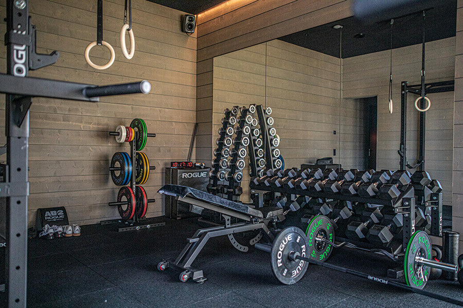 Home gym with wood shiplap walls