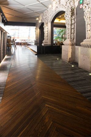 Beautiful walk way in Mexican restaurant features wood finished with Rubio Monocoat.
