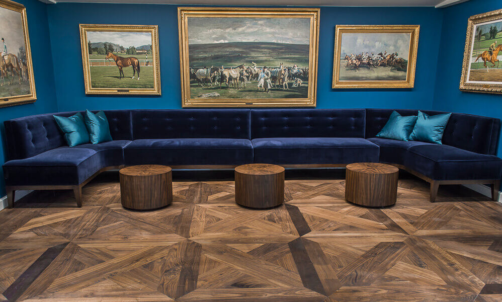 Walnut wood floor in parquet pattern.