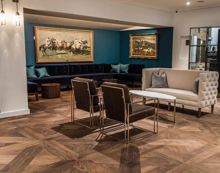 Walnut parquet flooring in a lounge.