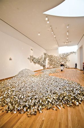 Unique exhibit at museum strewn across oak flooring finished with Rubio Monocoat.