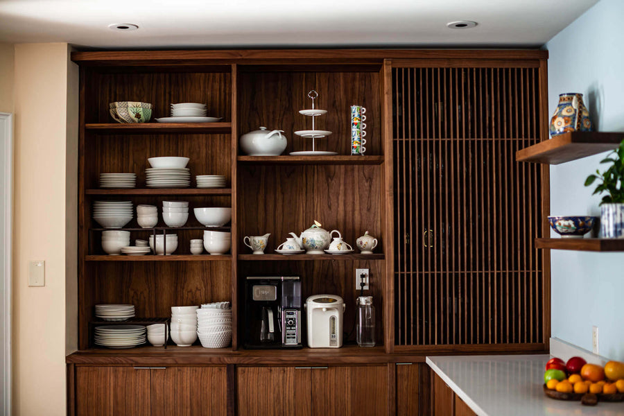 Shoji screens in a walnut mid-century modern kitchen.