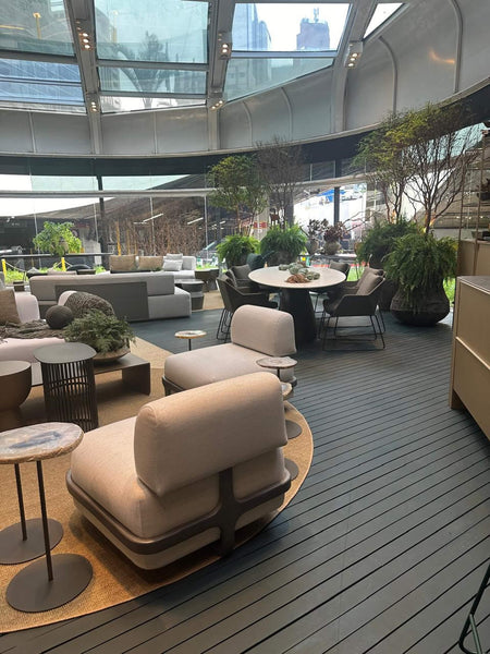 Cumaru wood decking in a home furnishing store finished with DuroGrit "Rubio Monocoat Green" exterior stain and sealer in one.