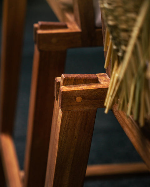 Intricate wood joinery on a Cachimbo wood bar stool finished with a single layer hardwax oil wood stain and finish.