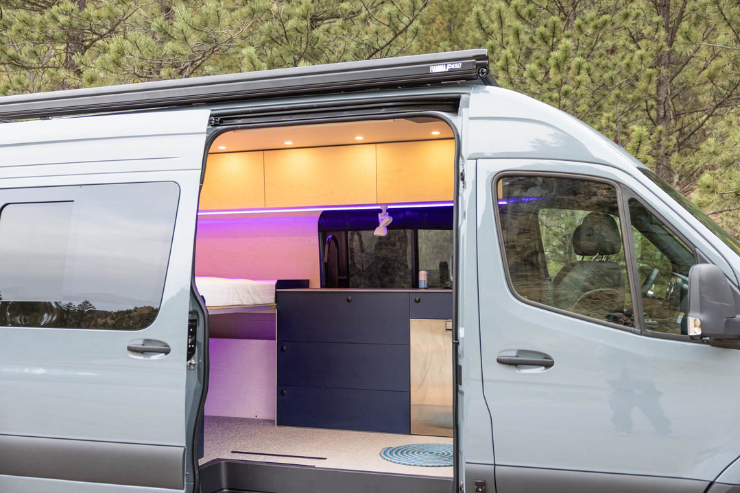 A custom camper van with custom cabinetry and wood details finished with Rubio Monocoat Oil Plus 2C.