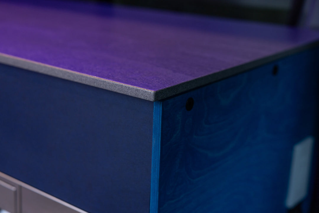 Cabinet end panel finished with a custom mix of Oil Plus 2C "Super White" and "Midnight Sky".