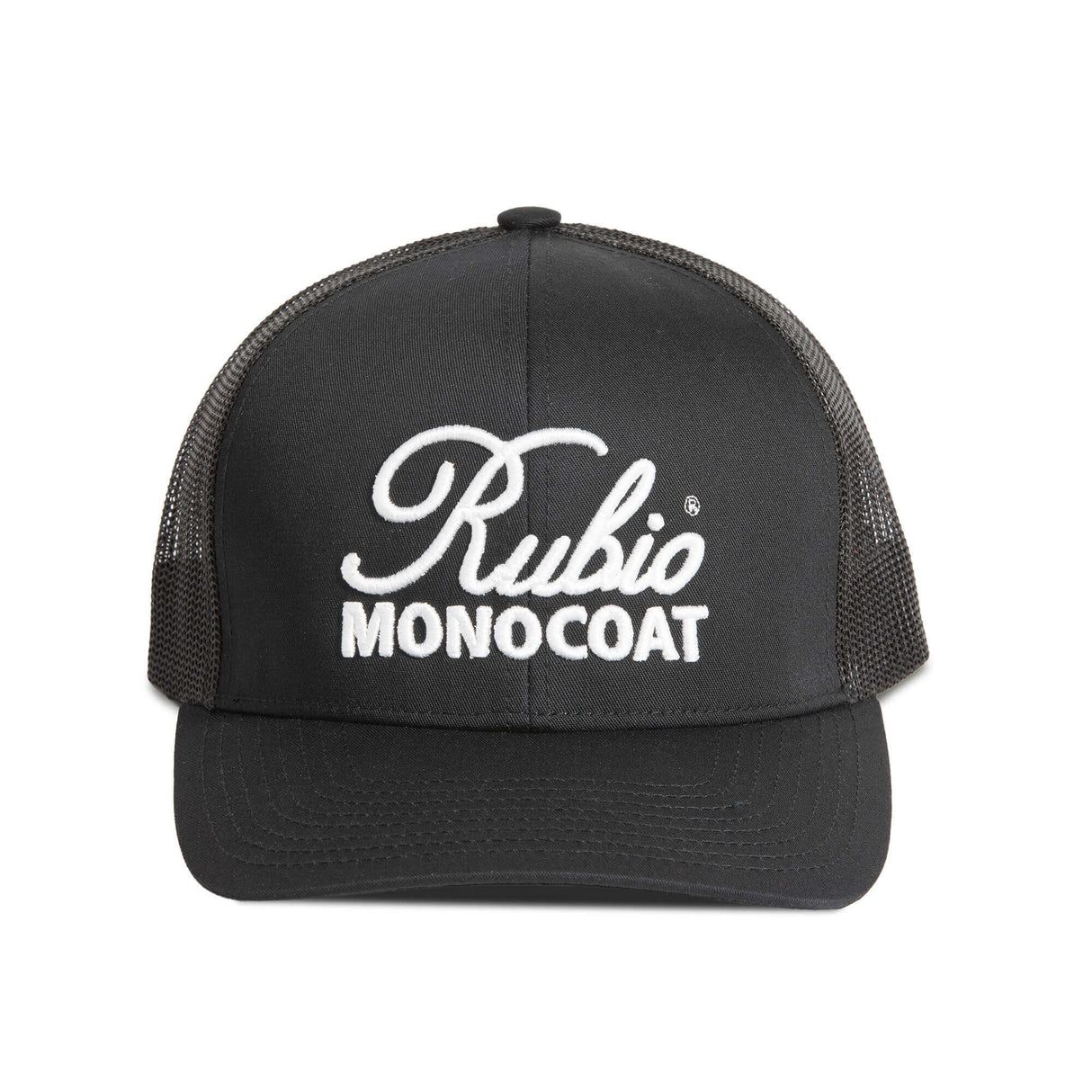 Black cap with Rubio Monocoat logo on a white surface