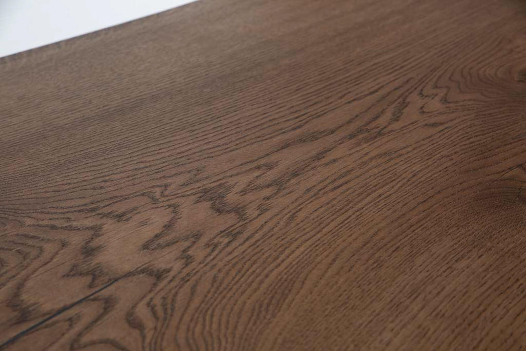 Grain on a white oak table finished using Rubio Monocoat Oil Plus 2C "Black".