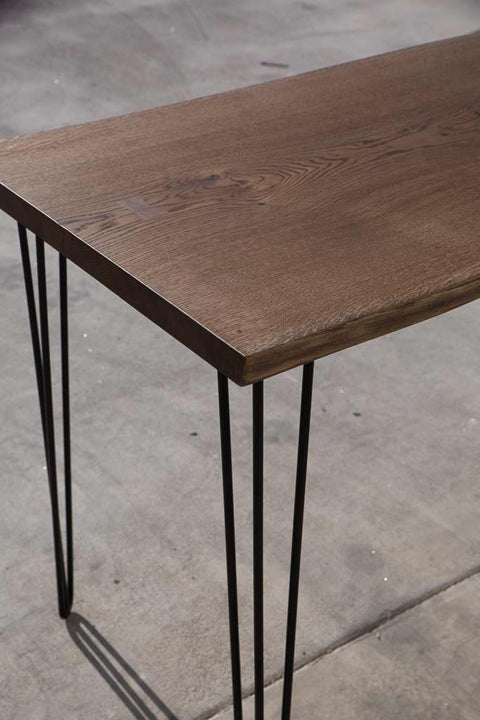 White oak slab tabletop and hairpin-style legs.