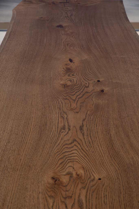 Beautiful grain of a white oak slab table top finished with Rubio Monocoat Oil Plus 2C hardwax oil wood stain and finish in one.