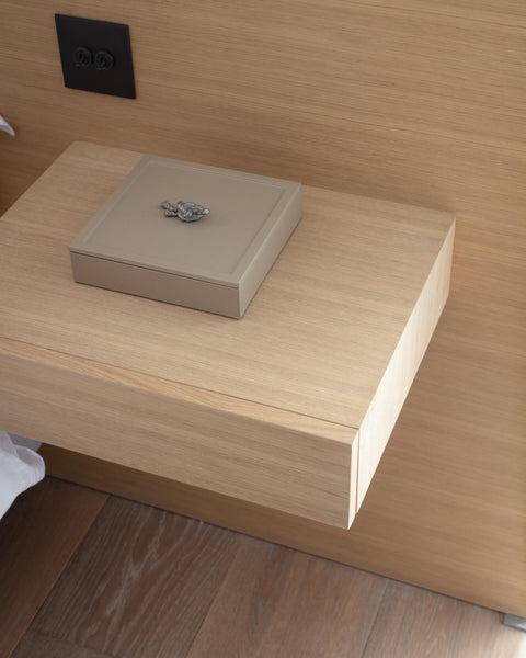 Oak nightstand attached to a headboard all finished with Rubio Monocoat Oil Plus 2C hardwax oil wood stain and finish for interior wood projects.