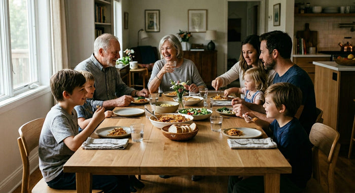 Family gathering around a dining table eating dinner together